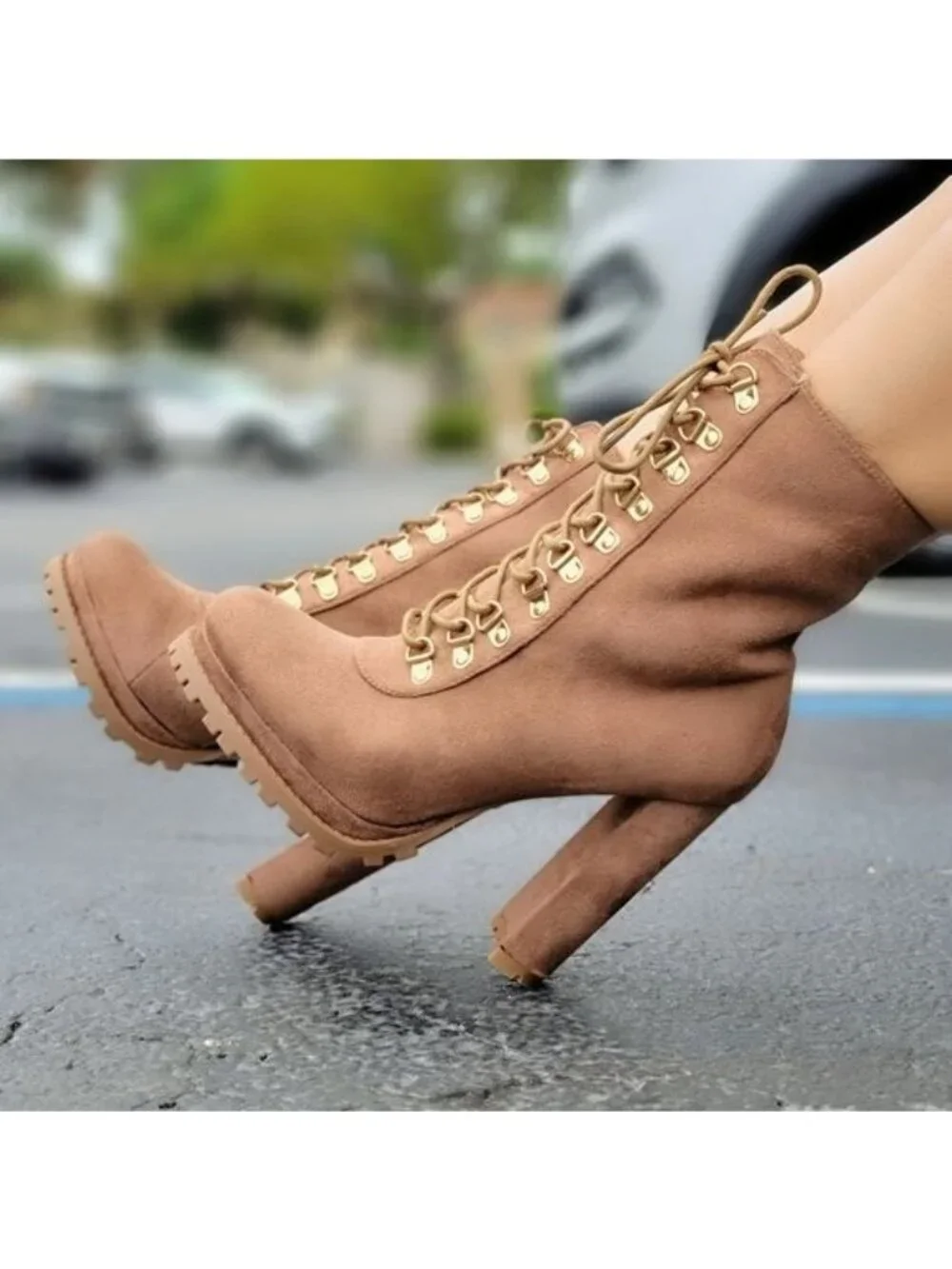 Taupe Lace up Platform Lug Sole Heeled Boots - Picture 4 of 6